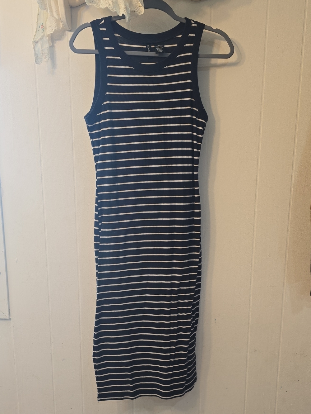 Blue & White Striped Bodycon Midi Dress | Size Medium